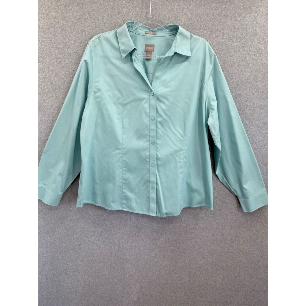 Chico's Button Down Shirt Women Size 16 Aqua Blue Wrinkle Resistant Long Sleeve